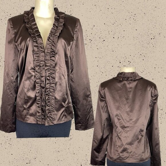 Susan Graver S Espresso Brown Satin Ruffle Down Front Lined Long Sleeve Jacket - Picture 1 of 6